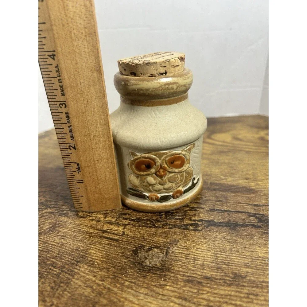 Vintage Owl Ceramic Jar w Cork Lid 4” Tall Cabincore Rustic Decor Kitchen